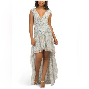 Mac Duggal Ruched Floral Cap-Sleeve High-Low Gown